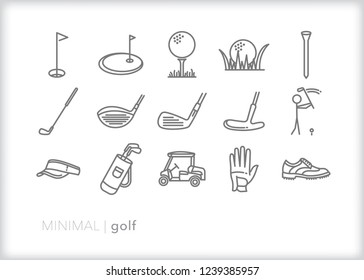 Set of 15 minimal golf icons for sport and recreation including putter, wedge and driver clubs, cart, shoes, visor, hat, tee, ball and a hole on a green