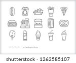 Set of 15 minimal gray concession stand icons for a sport game or event including food, drink, napkins and cash register
