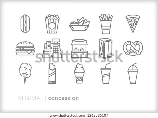 Set of\
15 minimal gray concession stand icons for a sport game or event\
including food, drink, napkins and cash\
register