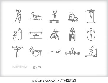 Set of 15 minimal gym line icons showing stick figures sweating, working out and lifting  with various cardio machines and pieces of equipment including treadmill, jump rope, stairs and weights