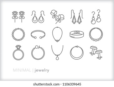 Set of 15 minimal jewelry icons using wire, beads, metal and stone to make earrings, bracelets, rings and necklaces for fashion or to wear or make