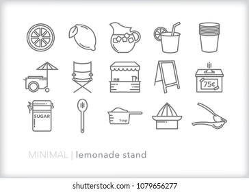 Set of 15 minimal lemonade icons for everything needed to create a neighborhood stand for kids to sell drinks including sugar, juicer, cups, sugar, sign, pitcher and lemons