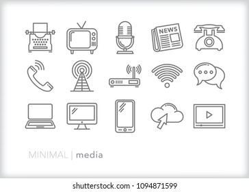 Set of 15 minimal media icons showing items and methods to consume news, music, internet and other media including phone, wireless signal, laptop, microphone, tv and typewritter