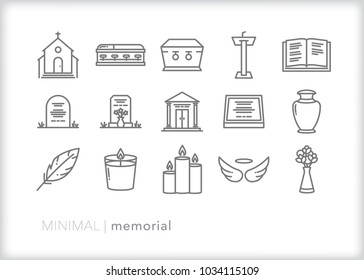 Set of 15 minimal memorial, funeral and remembrance icons representing church, coffin, grave, mausoleum, prayer and farewell