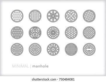 Set of 15 minimal metal manhole covers found on urban streets for electrical, sewer and drainage access for city workers