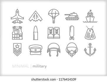 Set Of 15 Minimal Military Icons Representing The Three Branches Of The Armed Services Including Navy, Army And Air Force As Well As Helmets, Weapons And Equipment