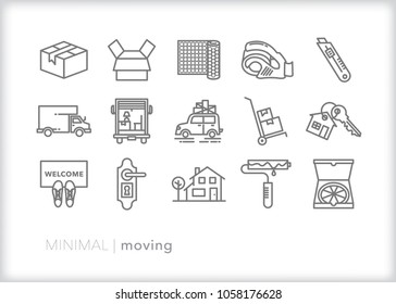 Set of 15 minimal moving icons of items used to move to a new home including box, bubble wrap, tape, box cutter, truck, dolly, key, welcome mat, door, paint and take out pizza box