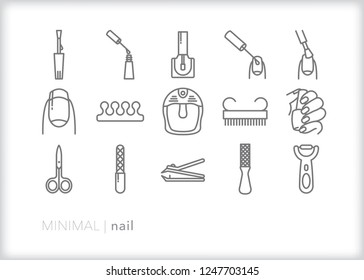 Set Of 15 Minimal Nail Icons Relating To A Manicure, Pedicure, Spa Or Salon Including Tools Such As Scissors, Clippers, Nail Polish, File, Foot Bath And Brush