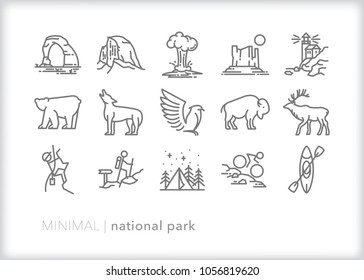 Set of 15 minimal national park icons showing places, animals and recreation visitors can do on vacation including hiking, climbing, kayaking and camping with wildlife