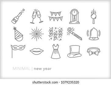 Set Of 15 Minimal New Years Eve Icons To Celebrate The Winter Holiday Including Champagne, Clock, Ball Drop, Hat, Party Favors, Bell And Formal Wear