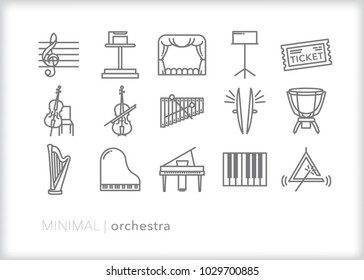 Set Of 15 Minimal Orchestra Icons Of Objects And Instruments A Symphony Or Band Would Use At A Concert Including Strings, Harp, Percussion, Piano, Drums, Stage, Stand And Ticket