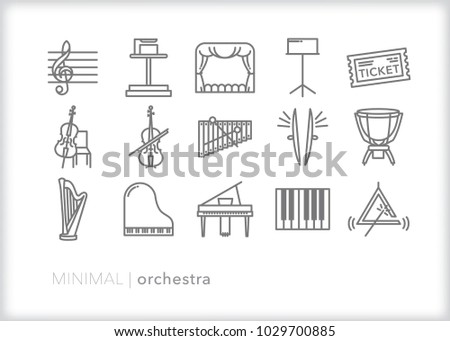 Set of 15 minimal orchestra icons of objects and instruments a symphony or band would use at a concert including strings, harp, percussion, piano, drums, stage, stand and ticket Foto stock © 