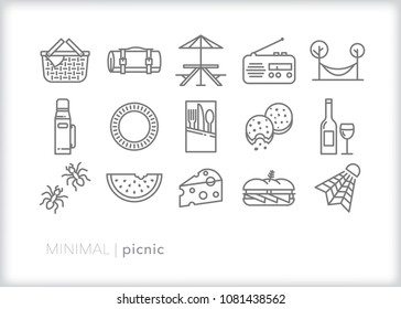 Set of 15 minimal picnic icons of items for an outdoor summer meal including a basket, utensils, wine, fruit, sandwich, table, blanket, radio, hammock, and ants