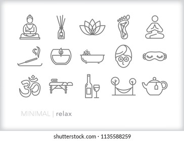 Set of 15 minimal relax icons for unwinding and kicking back including zen, ohm, buddha, lotus flower, massage, candle, incense, bubble bath and other pampering items