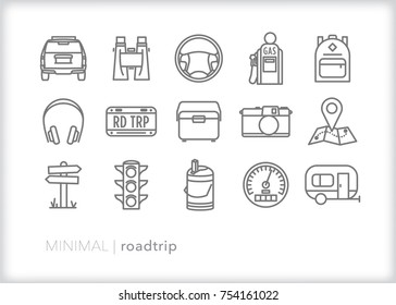 Set of 15 minimal road trip icons for family or solo travel by car or camper including cooler, camera, map, speedometer, backpack, gas pump, headphones, stop light and car