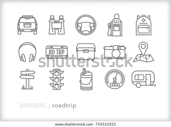 Set of 15 minimal\
road trip icons for family or solo travel by car or camper\
including cooler, camera, map, speedometer, backpack, gas pump,\
headphones, stop light and\
car
