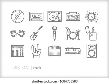 Set Of 15 Minimal Rock Music Icons Including Old School CD, Tap, Turntable And Boombox As Well As Instruments, Drums, Guitar, Mic, Lighter, Amp, Speaker And Luxury RV