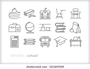 Set Of 15 Minimal School Icons Relating To Teaching And Education Including Items Found In A Classroom Such As Books, Chalk, Desk, Pencil, Calculator, Globe