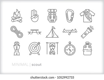 Set of 15 minimal scout icons showing the equipment and activities for hiking, camping and outdoor education including fire, cooking, backpack, tent, canoe, compass, canteen, archery and lantern