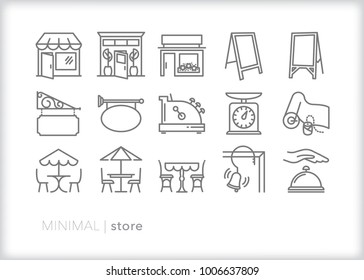 Set of 15 minimal store items relating to small business shops on main street including storefront, a frame sign, cash register, butcher paper, outdoor seating and a bell for customers svg