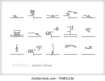 Set of 15 minimal swimming and diving icons of a sports athletics team showing strokes and types of dives over a base of water