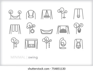 Set of 15 minimal swing icons for an outdoor yard, park, porch or patio including hammock, tree rope, tire swing, porch swing, baby swing and playground swings
