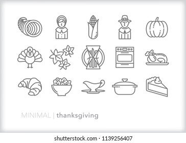 Set of 15 minimal thanksgiving holiday icons celebrating family and American heritage with items such as turkey, pilgrims, bread, salad, pumpkin, pie and cornucopia