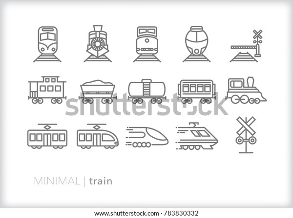 Set of 15 minimal train icons including\
vintage caboose, coal freight trains, electric commuter trains,\
railroad crossing signal and high speed\
rail