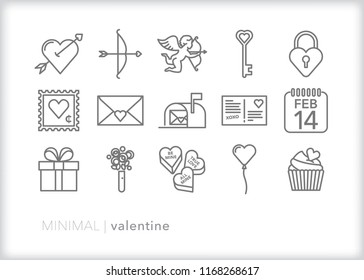 Set of 15 minimal valentine's day icons to represent love, crushes and significant others through hearts, cards, bow, arrow, cupid, gifts and candy