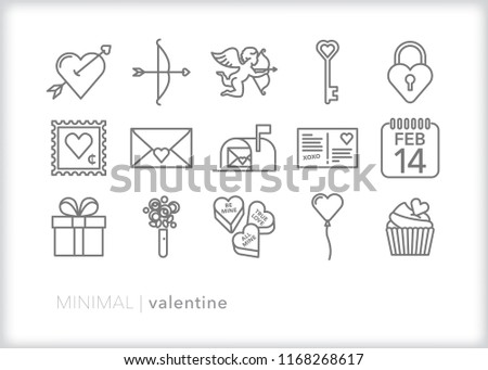 Set of 15 minimal valentine's day icons to represent love, crushes and significant others through hearts, cards, bow, arrow, cupid, gifts and candy