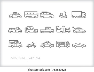 Set of 15 minimal vehicle icons common to highways and streets of cities including taxi, cab, car, truck, bus, scooter, semi, motorcycle, RV and school bus