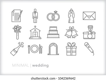 Set of 15 minimal wedding icons to celebrate the marriage day including a bride and groom figure, planner checklist, church, rings, invitations, bouquet and reception party items