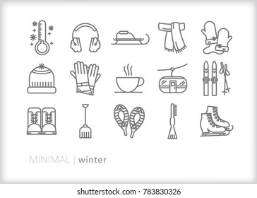 Set of 15 minimal winter icons for the col season including clothing accessories such as gloves, hat, mittens, scarf and boots as well as equipment for outdoor activities like skiing and sledding