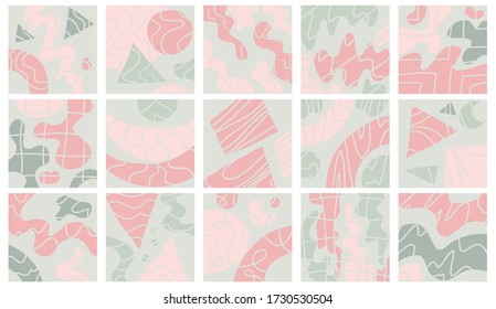 Set of 15 minimalist abstract backgrounds. Trendy color collection. Retro invitation for frame print design. Vector illustration in pastel colors.