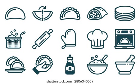 Set of 15 minimalist kitchen and cooking icons featuring dumpling preparation steps, chef tools, rolling pin, oven, deep fryer, and handmade pierogi isolated on white background.