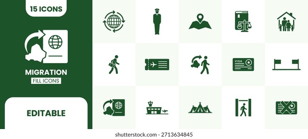 Satz von 15 minimalistischen Migrationssymbolen, die globale Bewegung, Identifikation, Grenzkontrolle und Familienumzug im Stil einer grünen Linie darstellen