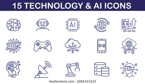 Set of 15 modern AI and technology icons in line style showing robotics, cloud computing, data, and innovation concepts.