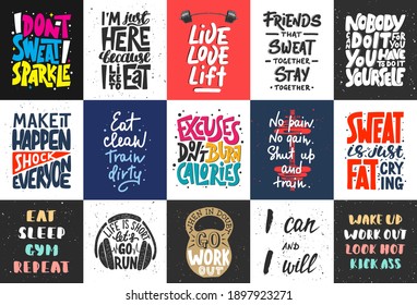 Set of 15 motivational and inspirational lettering posters, decoration, prints, t-shirt design for sport, gym or fitness. Hand drawn typography. Handwritten lettering. Modern ink brush calligraphy.