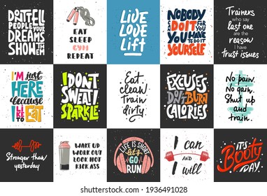 Set of 15 motivational and inspirational lettering posters, decoration, prints, t-shirt design for sport, gym or fitness. Hand drawn typography. Handwritten lettering. Modern ink brush calligraphy.