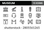 Set of 15 Museum Icons Featuring Historical Artifacts and Exhibition Elements in Minimalist Line Art