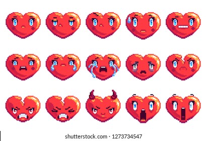 Set of 15 negative emotions heart shaped pixel art emoji in golden color