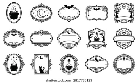 Set of 15 ornate Halloween frames and labels in black and white line art style, featuring gothic elements like skulls, bats, witch cauldrons, spider webs, and moon icons on white background.