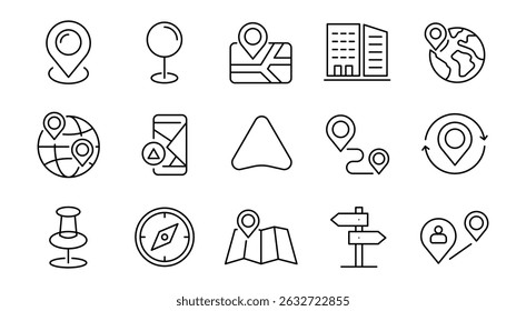 Set of 15 outline icons related to navigation, gps, push pin, map marker, geolocation, flag, positio location, route. Location icon set. Map pin line icon set. Vector collection.