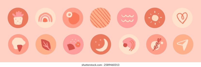 Set of 15 pastel icons with abstract designs. Includes rainbows, hearts, and leaves. Soft pink and orange hues create a warm, playful vibe. Cute illustrations, vector set.