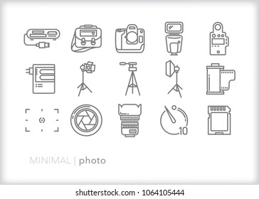 Set of 15 photography icons of lighting and camera equipment for a studio or documentary photographer