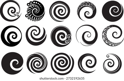 Set of 15 Polynesian style koru spiral swirls. Traditional New Zealand Maori art, minimalist style icon or logo. Vector illustration.