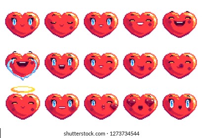 Set of 15 positive emotions heart shaped pixel art emoji in red color