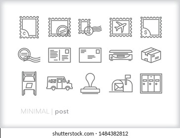 Set of 15 post line icons for mailing letters, postcards and packages with stamps