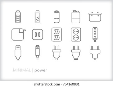 Set of 15 power icons of energy sources such as battery, socket, power cord, power strip, USB, and prong plug