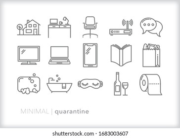 Set of 15 quarantine line icons for staying inside during a time of spreadable disease